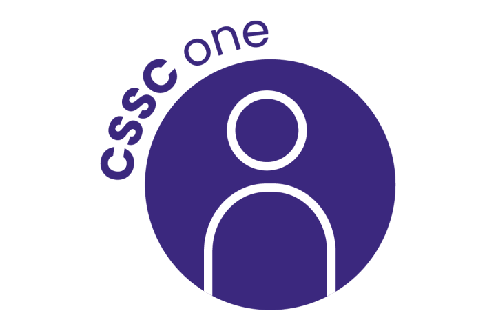 a purple cssc one logo of a person alone